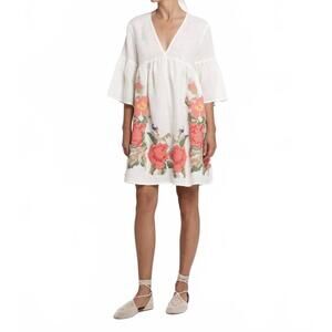 NEW GREEK ARCHAIC KORI rose embroidered linen mini dress in light grey